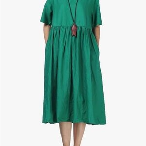 Green Cotton Linen Midi Dress